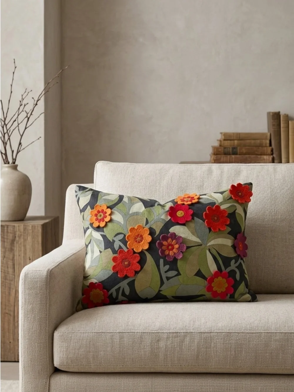 Crate & Barrel Mariza 3D Floral Applique Throw Pillow Feather Down Insert 12x18